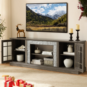 Meuble TV moderne de 70 pouces avec rangement à 2 portes, console multimédia en faux pierre, grand centre de divertissement gris - Product Image 2