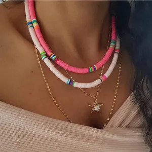 Rainbow Color Heishi Necklace Choker Women Men Disc Vinyl Clay Bead Boho Necklace Summer African surf Couple Neck Jewelry Collar