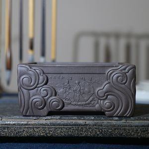 Pot à Bonsaï Rectangulaire en Argile Violette Sculpté avec des Reliefs, Style Chinois, Pieds Nuageux Auspicieux, Design Antique Fait Main - Product Image 2