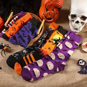 Chaussettes d'Halloween en coton pour enfants, hommes et femmes, motif citrouille et chauve-souris, pour fêtes, mignonnes et amusantes, toutes saisons, accessoires imprimés - Product Image 3