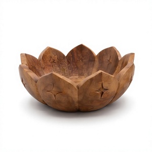 Saladier en bois à motif floral de designer, bol en bois de manguier avec revêtement en noyer foncé, décor fleur de lotus - Product Image 1