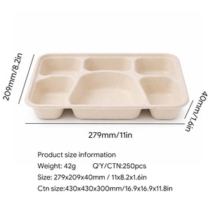 Caja de comida para llevar de bagazo de caña de azúcar con 6 compartimentos y tapa, biodegradable, apta para microondas, desechable, compostable, para catering. - Product Image 2