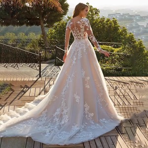 White Ball Gown V-Neck Long Sleeve Embroidered Lace Net Wedding Dress For Reception Evening Wear - Product Image 2