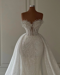 Vestidos de Novia Sirena con Cuentas y Plumas Mumuleo Sweetheart, Vestido de Lujo 2024 con Cola Desmontable Transparente - Product Image 3