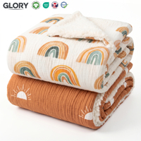 Couverture en mousseline de coton biologique personnalisée OEM, imprimée, douce et moelleuse, impression sérigraphique, 130x150cm, en mousseline et sherpa