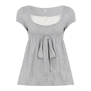 Wholesale Y2K Women Square Neck Lace <b>Patchwork</b> Lace Up T <b>Shirt</b> Cute Short Sleeve Summer Top - Product Image 6