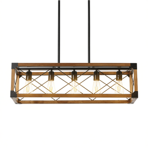 Lámpara Colgante Rectangular Industrial de Nogal de 32 Pulgadas, Araña de 5 Luces para Comedor, Decoración de Cafetería, Sin Bombillas Incluidas (Igual que la anterior) - Product Image 1