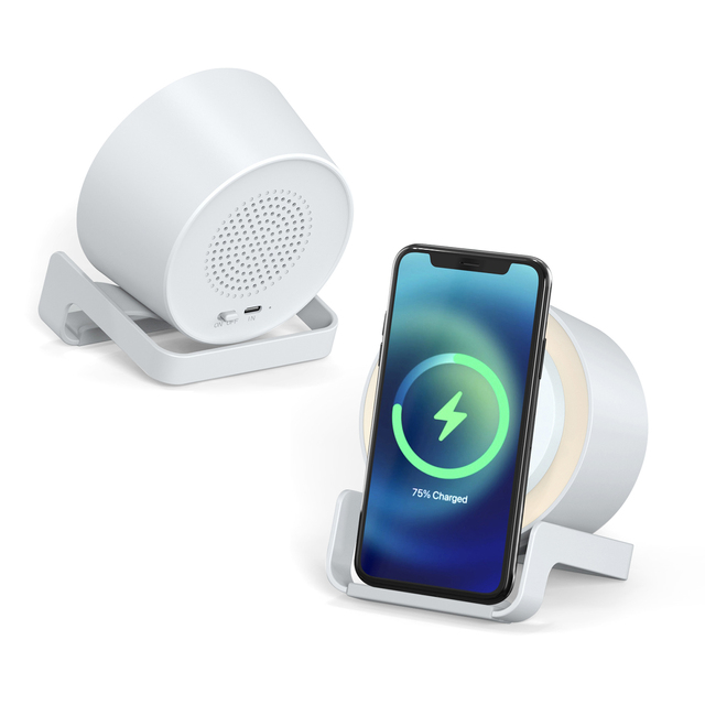 Multi-functional Portable Mini Speaker Wireless Charge Stand with Night Lamp Fashion Mobile Phone Charger and BT Speaker