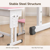 Ensemble bureau et chaise rose clair pour étudiant avec pieds en H, hauteur réglable et rangement ouvert pour utilisation en classe