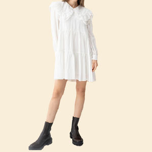 Fabricant de vêtements en gros 100% coton à manches longues col claudine brodé Mini robe <span class=keywords><strong>Dolly</strong></span> en blanc pour les femmes - Product Image 1