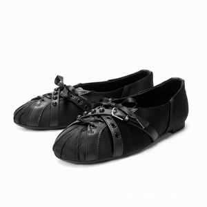 Bailarinas Planas Estilo Preppy con Cordones, Pliegues, Remaches, Tiras Cruzadas de Lazo, Vintage, Negras, Para Todas las Estaciones - Product Image 2