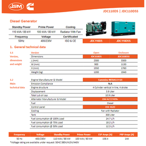 JDC110D5S 100 KVA 80 kW ByCummins 3 상 디젤 발전기 사일런트 400V 디젤 엔진으로 구동 4BTA3.9-G3 병원 용 - Product Image 6
