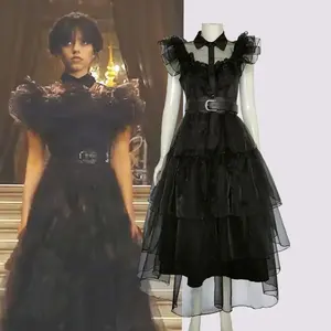 Vente en gros Ensemble Complet Noir Robes à Manches Courtes Tenues pour Femmes Halloween Soirée Mercredi Addams Cosplay Costume