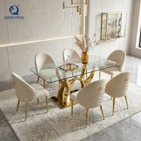 Meubles de salon, table à manger en verre trempé avec plateau en acier inoxydable, ensemble de table à manger moderne
