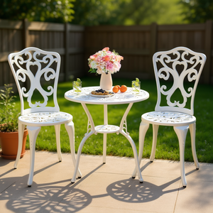 Conjunto de Bistro de Aluminio Fundido Blanco de 3 Piezas, Muebles de Jardín para Exteriores, Diseño Tradicional con Orificios para Sombrilla - Product Image 2