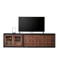 Meuble TV de luxe en bois massif, style vintage français et moderne du milieu du siècle, console multimédia en noyer foncé avec portes vitrées et tiges décoratives pour salon
