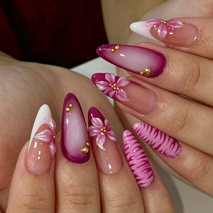 Faux ongles à presser de longueur moyenne, forme amande, style français, en résine, avec motif goutte en relief, pour manucure DIY et usage en salon, en gros - Product Image 1