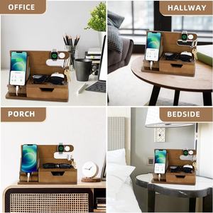 Organisateur de table de chevet en bois d'acacia fonctionnel Station d'accueil pour téléphone avec tiroir Table de chevet Table de chevet Clés de montre pour téléphone portable - Product Image 2