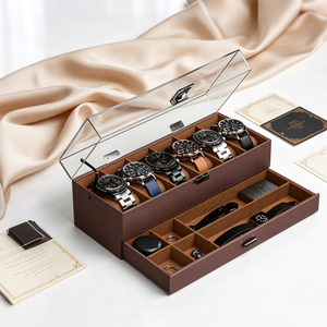 Caja para relojes de cuero PU – Estuche de almacenamiento de doble capa con 6 y 10 ranuras para relojes, anillos y collares, organizador de joyas - Product Image 3