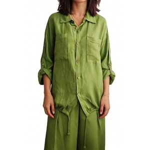 Women's Linen 2 Piece Set - Button <b>Down</b> Drawstring Shirt & Wide Leg <b>Pants</b> Outfit Womens Clothes Womens Sets Fashion - Product Image 5