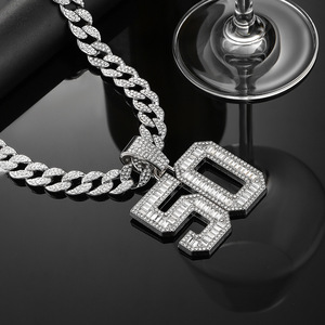 Hip Hop 15MM Gold Miami Prong Full <b>Iced</b> Out Rhinestones Cuban <b>Chain</b> and 50 Number Pendant - Product Image 6