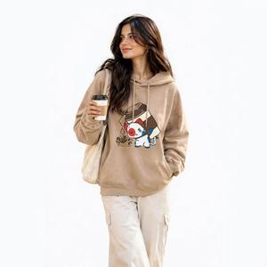 <b>Women's</b> Oversized <b>Beige</b> <b>Hoodie</b> Cartoon Cat Coffee Print Sweatshirt Casual Fleece Pullover - Product Image 1