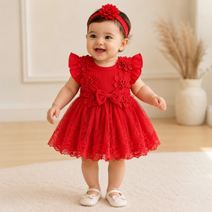 Abbigliamento per Bambini, Nuova Collezione Primavera-Estate, Tutina in Cotone con Fiori per Bambina, Maniche in Pizzo a Rete con Volant, Bottoni Nascosti, <span class=keywords><strong>Vestiti</strong></span> per Neonati - Product Image 1