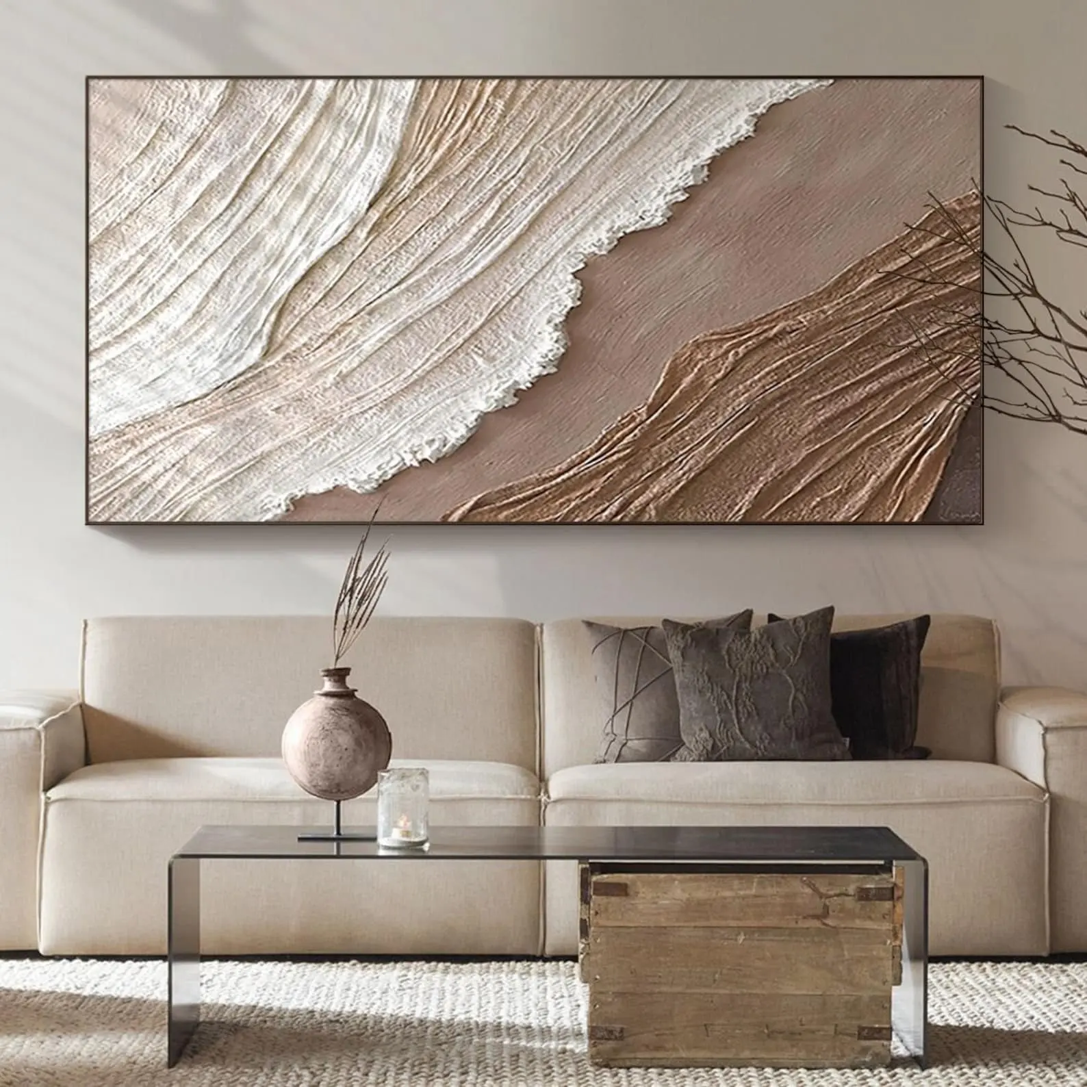 Handmade Framed Abstract Brown White Beach Ocean Seascape Scenery Canvas Art 3D Texture Acrylic Painting for Wall Decoration