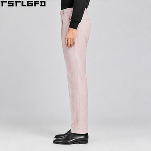 Pantalones de Traje de Lino Plisados Rosa Personalizados para Hombre, de Cintura Alta, con Doble Pliegue y Dobladillo Reforzado, Pantalones de Vestir Formales a Medida, Venta al por Mayor a Granel - Product Image 2