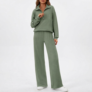 Ensemble Athleisure Femme Automne Uni 100% Coton Taille Haute Jambe Large Jogger Survêtement 2 Pièces Écologique Extensible dans les Quatre Sens - Product Image 2