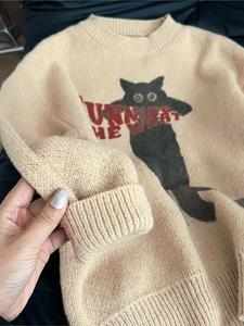 Wholesale Oversized Beige Knitted Sweater for School Campus Casual Outing Graphic Cartoon Cat Jacquard Pullover <strong>Jumper</strong> - Product Image 6