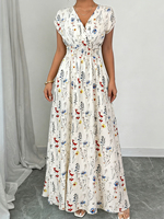 Robe Confortable Grande Taille Moulante pour Femme, Élégante et Douce, Col en V, Taille Cintrée Élastique, Imprimé Floral Frais, Nouvelle Collection