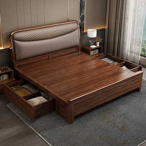 Walnut Solid Wood <b>Bed</b> 1.8m <b>Double</b> Storage <b>Bed</b> Modern Minimalist Chinese Style Master Bedroom Furniture - Product Image 1
