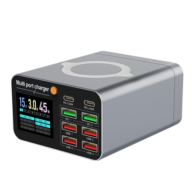120W 8 Ports USB Charger Station With Wireless Charging Digital Display Screen QC3.0 PD3.0 Quick Charge for iPhone 14 13 Xiaomi