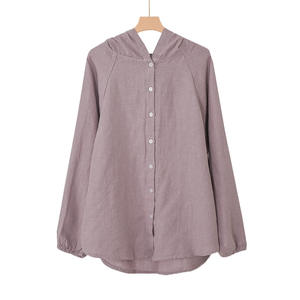 Camisa de Manga Larga con Botones para Mujer, 100% Cáñamo, Estilo Casual Chino, Protección Solar, con Sombrero - Product Image 5