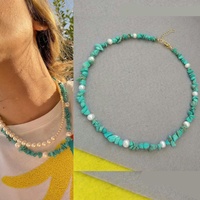 Collier ras du cou sportif géométrique électroplaqué pour femme avec perles de culture d'eau douce turquoise bleu bambou et perles de style Ins