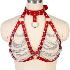 SacKnove 51155 クールな女性用ゴシックパンクスタッズ付き衣類、チェストハンギングとチェーン付き人気アクセサリー、襟付き女性用ボンデージブラ - Product Image 4