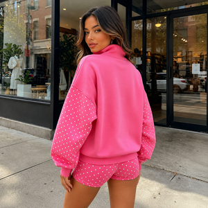 Sudadera informal rosa personalizada ODM OEM con cuello simulado, diseño con estampado de diamantes de imitación, sudadera extragrande para mujer - Product Image 2