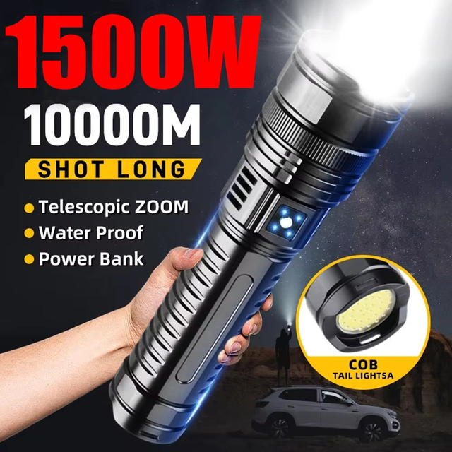 Long Distance USB Rechargeable Aluminum Alloy Tactical Zoom Flashlight Super Bright 10000 Lumens Waterproof Emergency Light