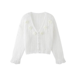 <span class=keywords><strong>Cardigan</strong></span> court blanc pour <span class=keywords><strong>femme</strong></span> avec embellissements floraux 3D - Tricot <span class=keywords><strong>ajouré</strong></span> col en V - Product Image 1