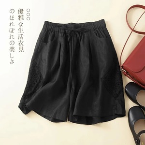 Women's Cotton Linen Shorts With Lace <b>Patchwork</b> Mid Waist Breathable Casual Pants - Product Image 5