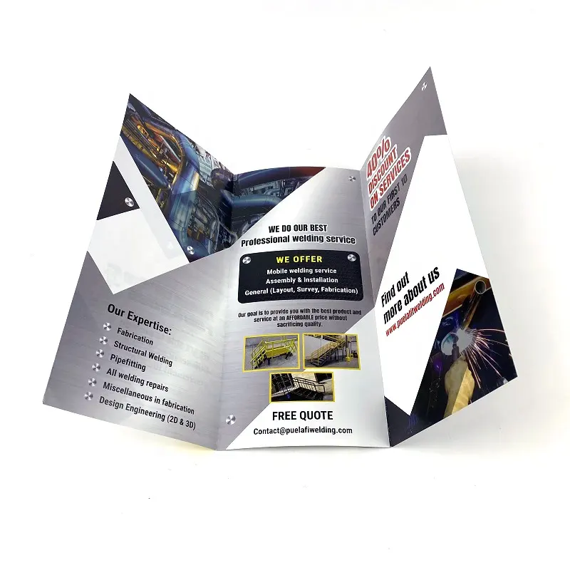 Folleto de negocios personalizado, folleto de alta calidad, papel recubierto de 150gsm, Trifold de impresión, precio barato