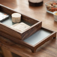 Plateau à thé en bois de noyer avec couvercle en verre, ensemble de boîtes de rangement 30-32 cm pour cérémonie du thé Gongfu, organisateur d'ustensiles de thé pour la maison, cadeau, vente en gros