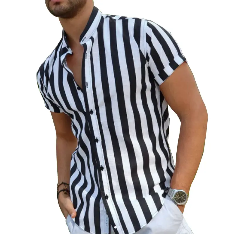 Fashion Mens Short Sleeve Blouse Collarless Striped Print Beach Holiday Tee Tops Shirt