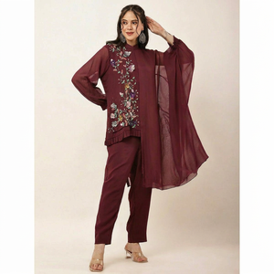 Elegant Women's Embroidered Cord Set Mandarin Collar <b>Loose</b> Boho Style Full Sleeve Georgette Casual <b>Dress</b> - Product Image 1