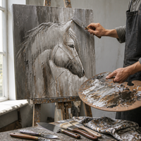 Peinture murale sur toile personnalisée en gros, motif cheval texturé argenté gris foncé de luxe, pour salon et hall d'hôtel