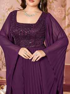 Robe de soirée maxi élégante pour femme, en mousseline de soie, à col carré, à manches longues, à sequins, à motifs patchwork, à <span class=keywords><strong>coupe</strong></span> ajustée, à ourlet plissé, de couleur violette - Product Image 4