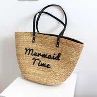 Sac de plage en paille brodé, sac fourre-tout tissé à la main en paille, grande capacité, pour les vacances, sac à bandoulière
