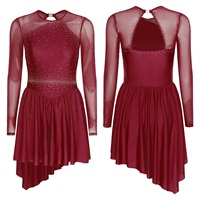 Robe de danse avec strass pour femmes découpe dos contraste couleur maille transparente robe de patinage artistique sur glace à manches longues