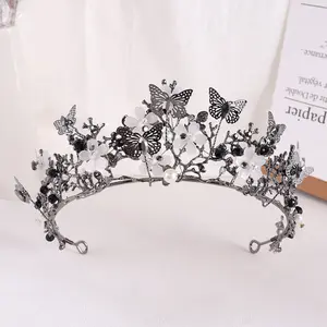 Black Crystal Crown Butterfly Flower Tiara Crown Handmade Pearl Rhinestone Crown Bridal Wedding Headdress